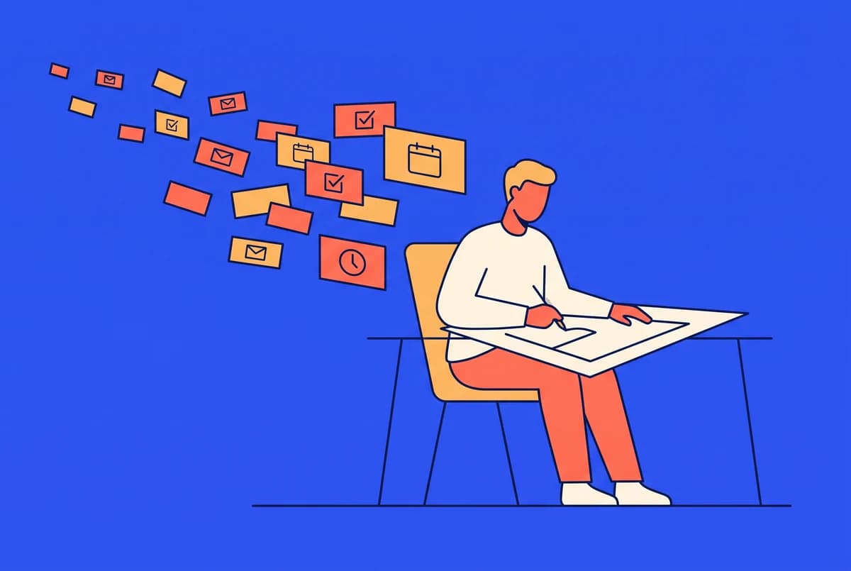 A person working at a desk while small admin tasks drift away from them.