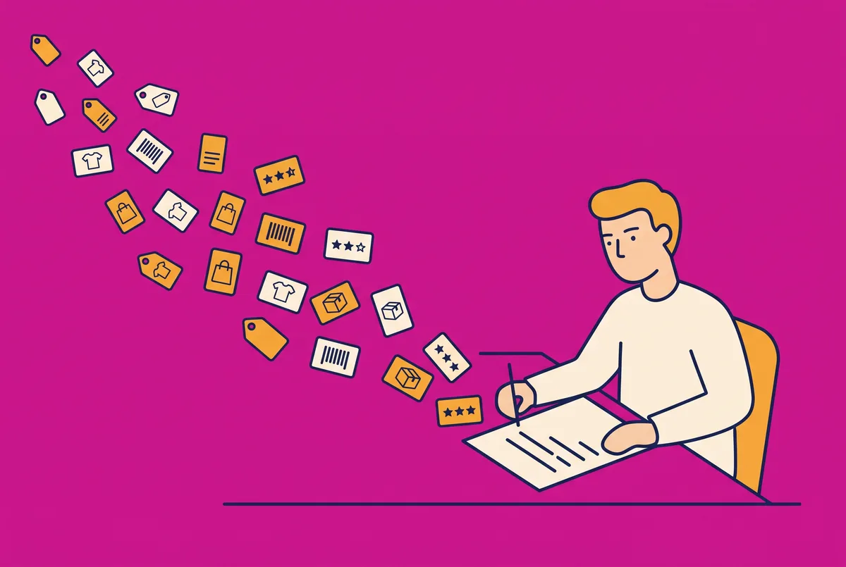 A person at a desk while product tags and labels drift away from them.