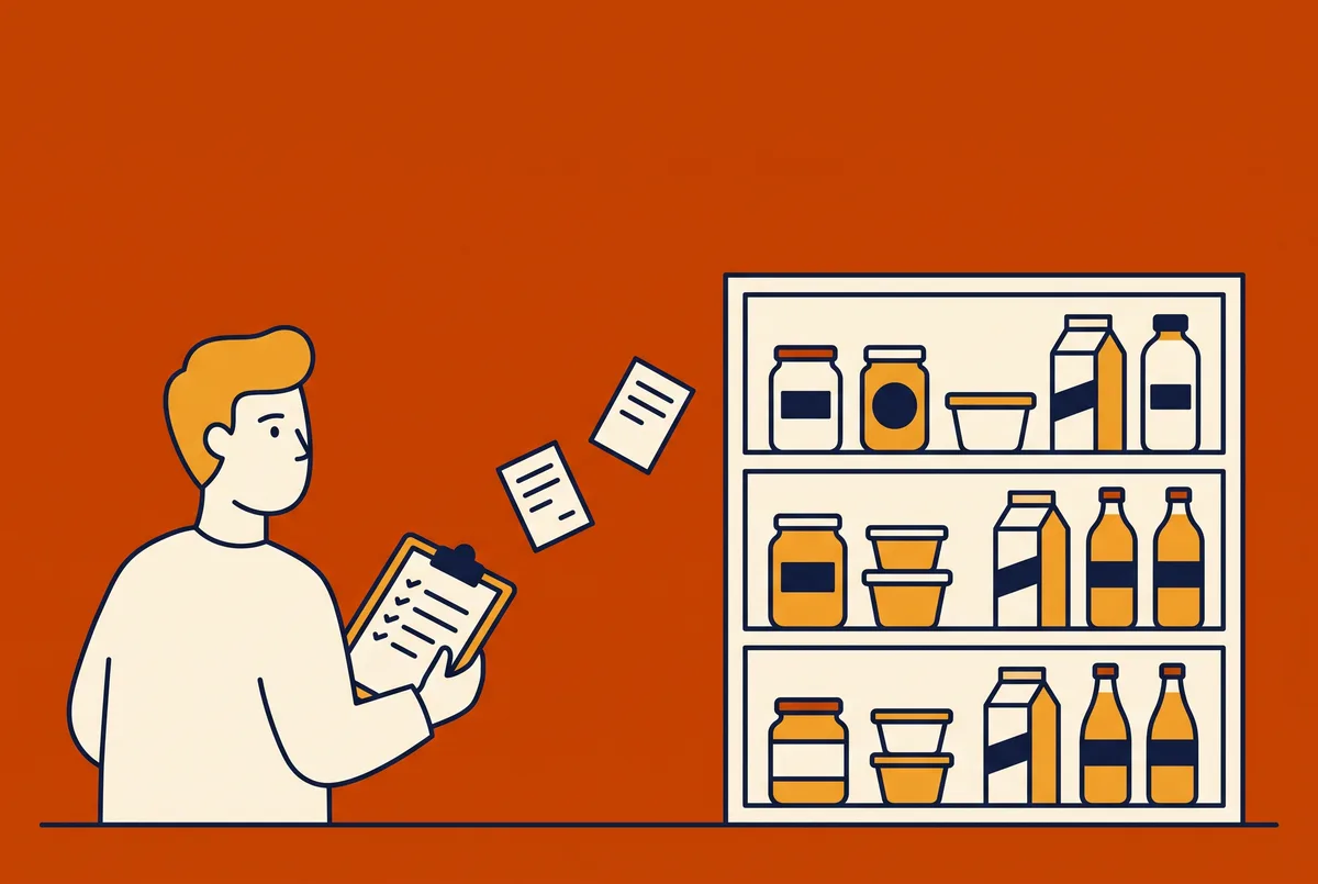 A person with a clipboard in front of a shelf of products, with forms drifting towards them.