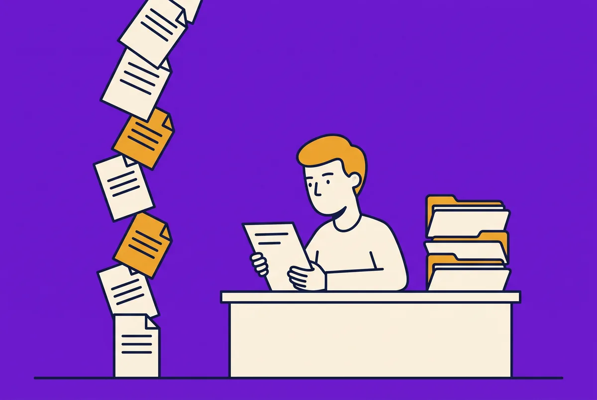 A person reading at a desk with a column of documents rising beside them.