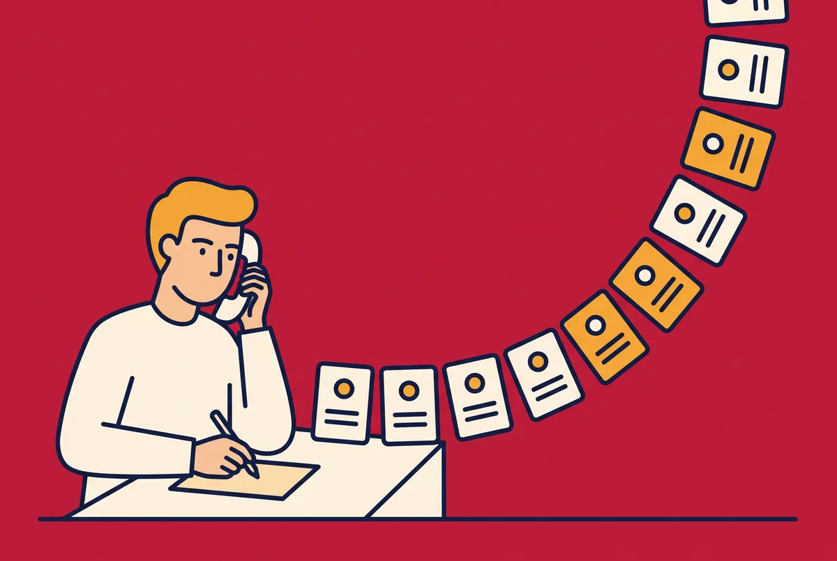 A person on the phone at a desk with an arc of profile cards sweeping away from them.