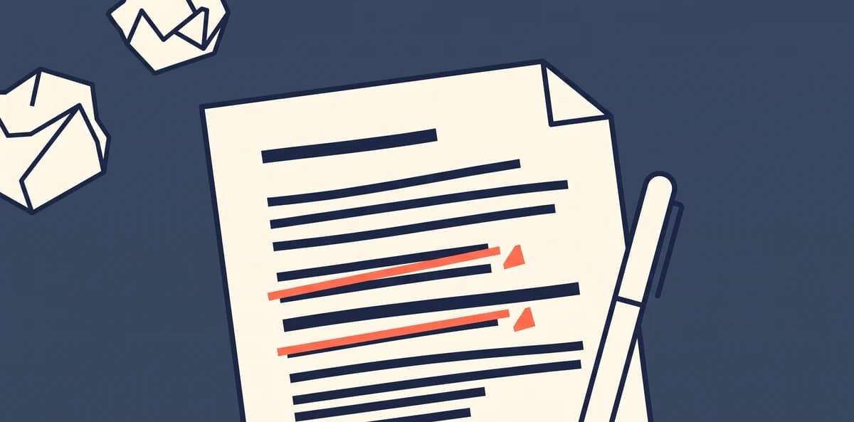 A document marked up with corrections, beside two discarded drafts.